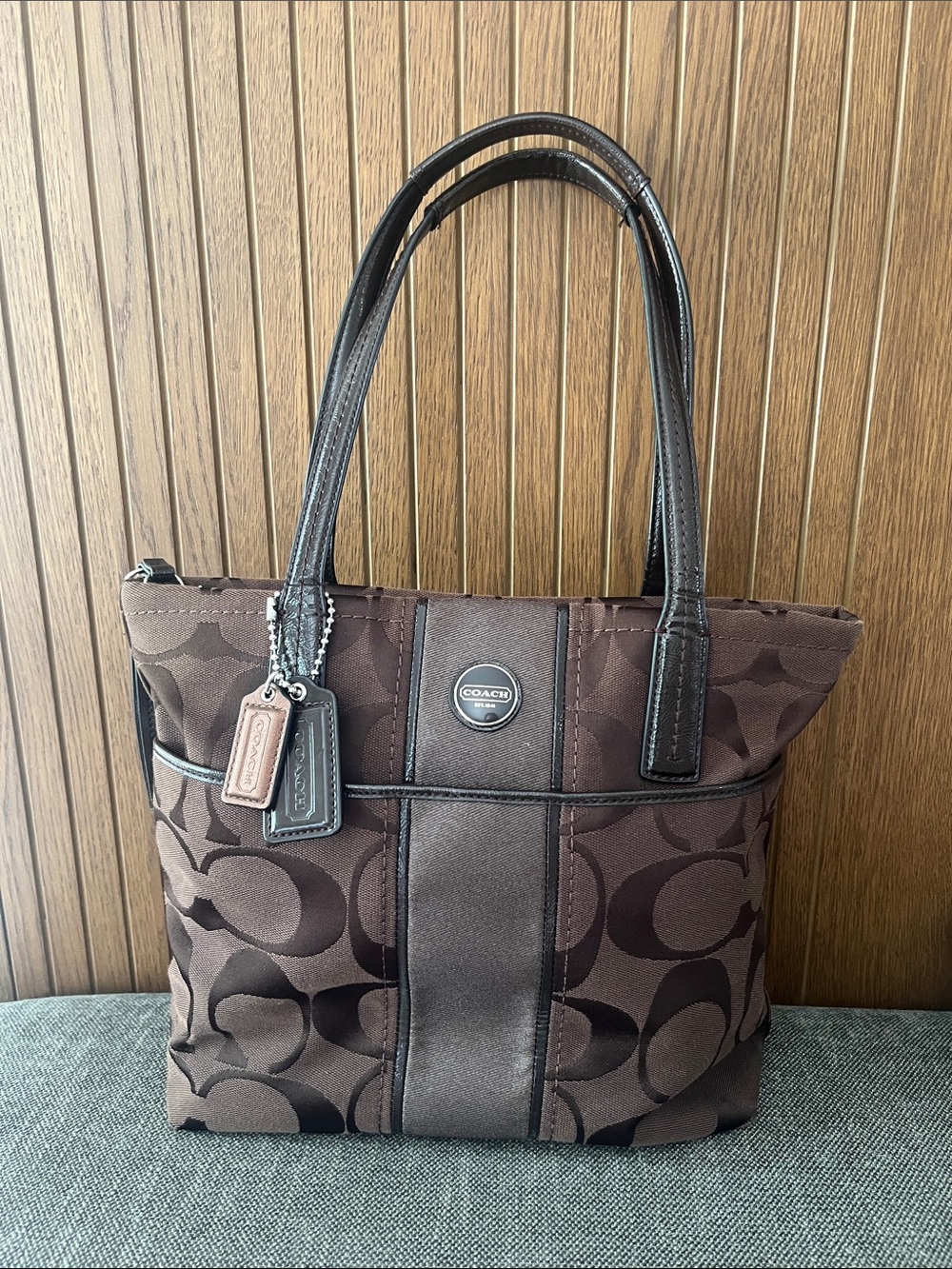 Coach Chocolate Signature Jacquard Tote with Leather Trim